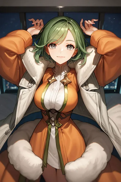 score_9, score_8_up, score_7_up, 1girl, looking at viewer, arms_behind_head, joyful, dark green hair, swept bangs, silver eyes, large breasts, orange fur-trimmed coat, glittering light, bedroom, from above <lora:wada_arco_PonyXL_style_v01:1>