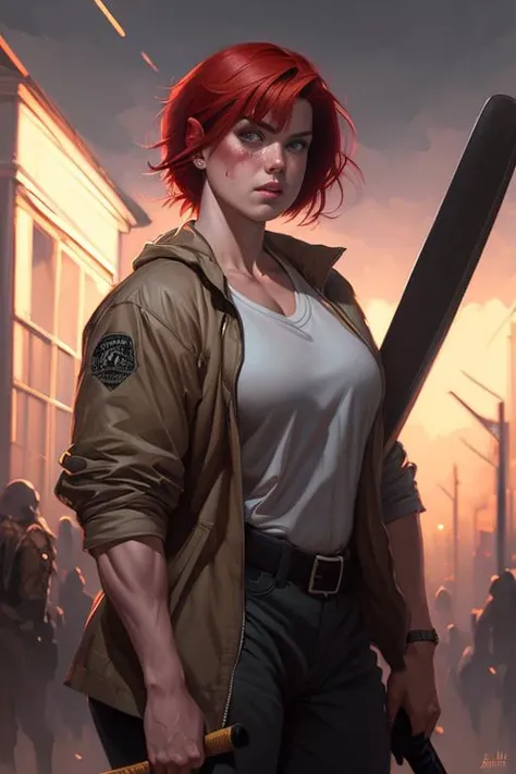 k31r4sr0 wearing bloody clothes, zombies, undead, holding baseball bat, zombie apocalypse, dark street, dark sky, moon, cinematic