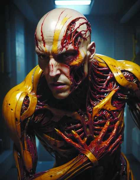 Broken god,hyper-realistic oil painting,Body horror,biopunk,by Peter Gric,Marco Mazzoni Andrew Newell,Barret Frymire,Drue Langlois,Michael Whelan,Greg Rutkowski,Finnian MacManus,Syd Mead,red and yellow scheme,8k,Unreal Engine <lora:lora-bloodyface-lite:0.8> teslapunkai <lora:TeslaPunkAIXLv2p:0.7>