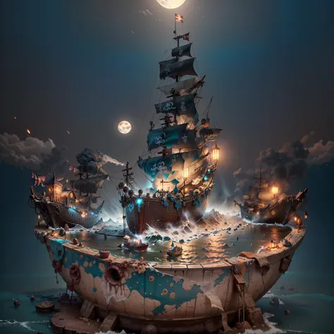 mini\(ttp\), (8k, dark studio photo, best quality, masterpiece:1.2), <lyco:miniatureWorldStyle_v10:0.9>, low angle,  (miniature old pirate boat:1.3) floating in a (high bowl:1.5),  whirl river, moon landscape, sunset, dust flare, mist, lightning, night life, rim lighting, cinematic, mood, depth of field, teal hue, bokeh, <lora:epiNoiseoffset_v2Pynoise:1.2>