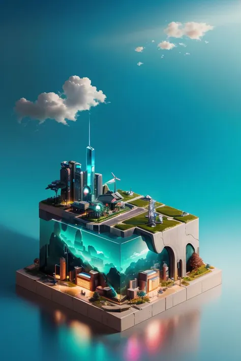 mini\(ttp\), (8k, RAW photo, best quality, masterpiece:1.2),Ecological technology city In a crystal cup, cyberpunk light, sky,cloud,Clear air, Sunlight at 7 am,Miyazaki Hayao,TRANSPORTATION, ARCHITECTURE, isometric, miniature, landscape, (Cyan hue:1.3),(close portrait:1.3),thematic background,<lyco:miniature_V1:0.8>