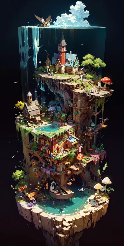 ,Mushroom World, , miniature, landscape,  isometric,  <lora:miniature_V1:0.9>many Mushroom ,fantasy,magical,village,villager,bird,wood,