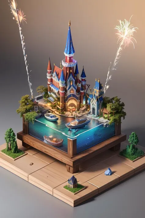 mini\(ttp\), (8k, RAW photo, best quality, masterpiece:1.2), Enchanted castles, shipyards,Colorful fireworks,isometric, miniature, landscape,Wooden basin,,<lyco:miniature_V1:0.8>