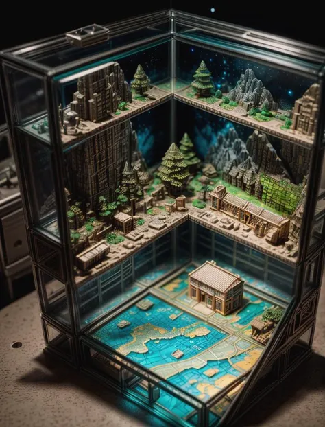 ((isometric view of 3d map miniature on a laboratory table)), 3d miniature, landscape diorama, (((battle damaged city))), retro sci-fi scene, nebula, sunset, ((all contained in a rectangular glass display case on the table)), 24mm, 4k textures, soft cinematic light, adobe lightroom, photolab, hdr, intricate, elegant, highly detailed, sharp focus, 6((((cinematic look)))), soothing tones, insane details, mini\(ttp\), (8k, RAW photo, best quality, masterpiece:1.2), <lora:miniature_V1:1>, <lora:more_details:1.7>, <lora:wowifierV3:.6>,