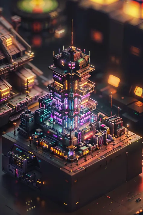 mini\(ttp\), (8k, RAW photo, best quality, masterpiece:1.2), cyberpunk city, cyberpunk pagoda, cyberpunk light, TRANSPORTATION, ARCHITECTURE, isometric, miniature, landscape, tilt shift lens  <lyco:miniature_V1:0.8>