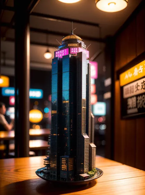 mini\(ttp\), Punk hong kong City AT future at 2047 in dish,RAW photo, best quality, (masterpiece:1.3),ultra detailed, official art, unity 8k wallpaper, miniature, intricate details, <lora:miniature_V1:0.8>, On the restaurant table