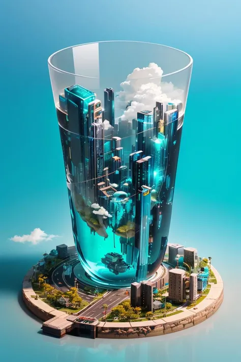 mini\(ttp\), (8k, RAW photo, best quality, masterpiece:1.2),Ecological technology city In a crystal cup, cyberpunk light, sky,cloud,Clear air, Sunlight at 7 am,Miyazaki Hayao,TRANSPORTATION, ARCHITECTURE, isometric, miniature, landscape, (Cyan hue:1.3),(close portrait:1.3),thematic background,<lyco:miniature_V1:0.8>