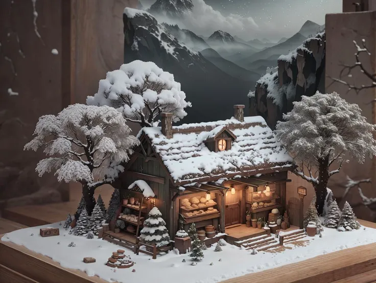 C4D,render,3D,blender,Depth of Field,Octane Rendering,masterpiece,(RAW photo, best quality), ultra-detailed, highres, extremely detailed,,mini\(ttp\),miniature,uncanny, celestial, Biscuit, A rustic bakery adorned with vintage decor, exuding a cozy and nostalgic ambiance, A foggy with mist hanging over the hills and valleys,night snow scenery, flower,tree,road,wood,rock,<lyco:miniature_V1:0.75>