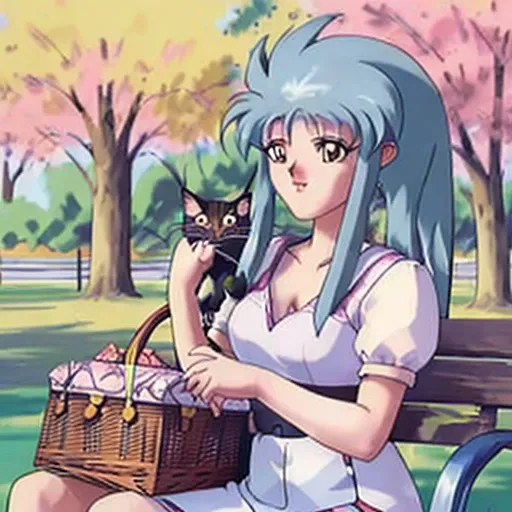 a picture of a person <lora:ryoko1_2:1>, sitting on a park bench with a picnic basket, with a cat next to her