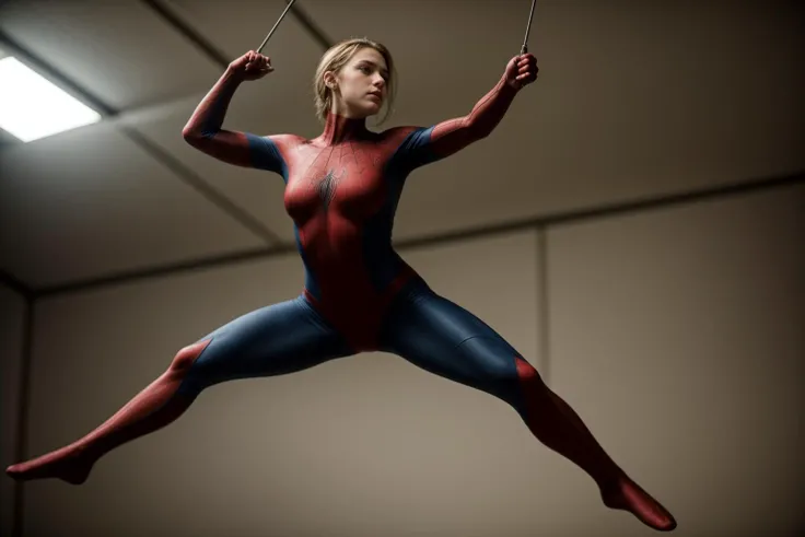 Marvel movies,full body,photo of a 18 year old girl,spiderman,taking a trapeze class,ray tracing,detail shadow,shot on Fujifilm X-T4,85mm f1.2,sharp focus,depth of field,blurry background,bokeh,motion blur,motion lines,<lora:add_detail:1>,<lora:LCM_LoRA_Weights_SD15:1>,