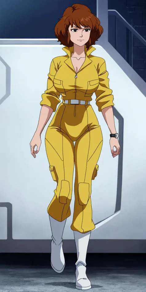 masterpiece, high quality, best quality, 1girl, solo, (muscular female:1.0), (super gigantic breasts:1.0), (closed mouth, half smile), april o'neil, long brown hair, black eyes, yellow jumpsuit, black compression undershirt, sleeves rolled up, watch, white belt, white boots, anime screencap, anime key visual, (fully clothed:1.0), full body <lora:apriloneil-15:1.0>