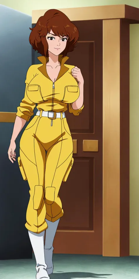 masterpiece, high quality, best quality, 1girl, solo, (muscular female:1.0), (super gigantic breasts:1.0), (closed mouth, half smile), april o'neil, ((long straight brown hair)), black eyes, yellow jumpsuit, black compression shirt, sleeves rolled up, watch, white belt, white boots, anime screencap, anime key visual, (fully clothed:1.0), full body <lora:apriloneil-15:1.0>