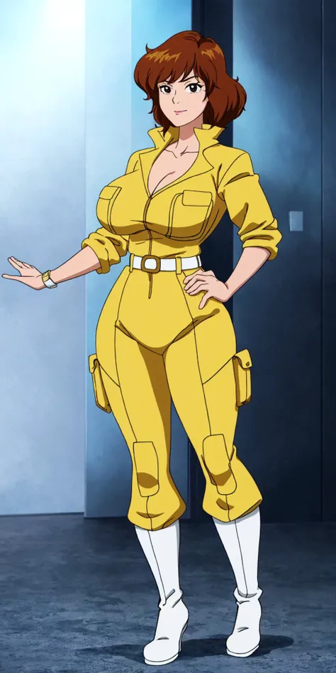 masterpiece, high quality, best quality, 1girl, solo, (muscular female:1.0), (super gigantic breasts:1.0), (closed mouth, half smile), april o'neil, ((long straight brown hair)), black eyes, yellow jumpsuit, black compression shirt, sleeves rolled up, watch, white belt, white boots, anime screencap, anime key visual, (fully clothed:1.0), full body <lora:apriloneil-15:1.0>