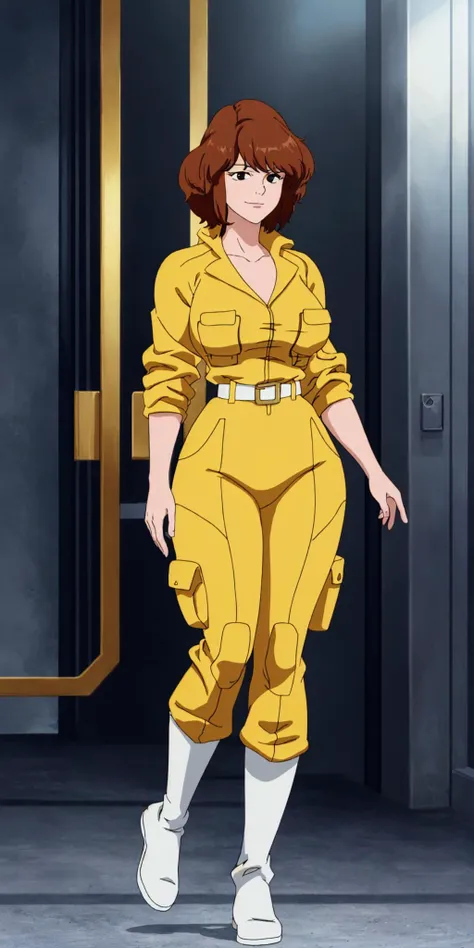 masterpiece, high quality, best quality, 1girl, solo, (muscular female:1.0), (super gigantic breasts:1.0), (closed mouth, half smile), april o'neil, ((long straight brown hair)), black eyes, yellow jumpsuit, black compression shirt, sleeves rolled up, watch, white belt, white boots, anime screencap, anime key visual, (fully clothed:1.0), full body <lora:apriloneil-15:1.0>
