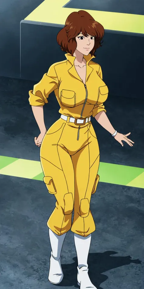 masterpiece, high quality, best quality, 1girl, solo, (muscular female:1.0), (super gigantic breasts:1.0), (closed mouth, half smile), april o'neil, ((long straight brown hair)), black eyes, yellow jumpsuit, black compression shirt, sleeves rolled up, watch, white belt, white boots, anime screencap, anime key visual, (fully clothed:1.0), full body <lora:apriloneil-15:1.0>