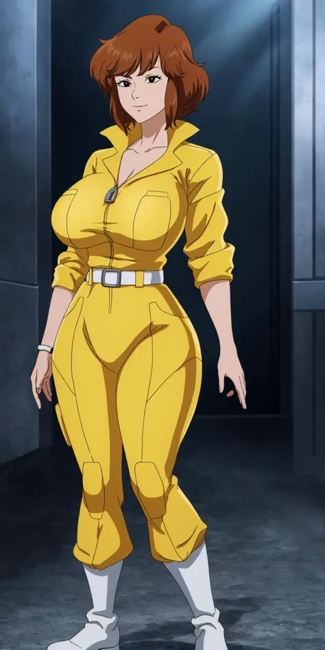 masterpiece, high quality, best quality, 1girl, solo, (muscular female:1.0), (super gigantic breasts:1.0), (closed mouth, half smile), april o'neil, ((long straight brown hair)), black eyes, yellow jumpsuit, black compression shirt, sleeves rolled up, watch, white belt, white boots, anime screencap, anime key visual, (fully clothed:1.0), full body <lora:apriloneil-15:1.0>