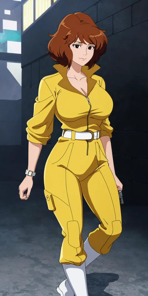 masterpiece, high quality, best quality, 1girl, solo, (muscular female:1.0), (super gigantic breasts:1.0), (closed mouth, half smile), april o'neil, ((long straight brown hair)), black eyes, yellow jumpsuit, black compression shirt, sleeves rolled up, watch, white belt, white boots, anime screencap, anime key visual, (fully clothed:1.0), full body <lora:apriloneil-15:1.0>