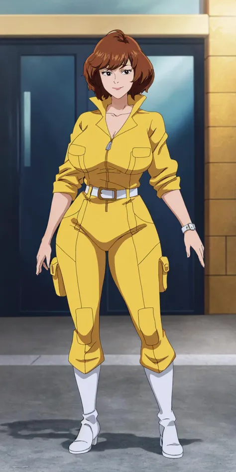 masterpiece, high quality, best quality, 1girl, solo, (muscular female:1.0), (super gigantic breasts:1.0), (closed mouth, half smile), april o'neil, ((long straight brown hair)), black eyes, yellow jumpsuit, black compression shirt, sleeves rolled up, watch, white belt, white boots, anime screencap, anime key visual, (fully clothed:1.0), full body <lora:apriloneil-15:1.0>