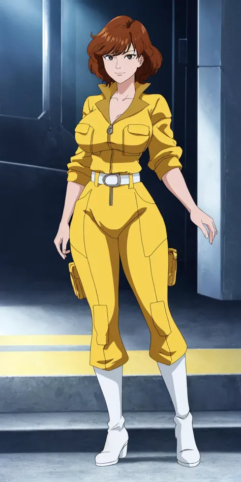 masterpiece, high quality, best quality, 1girl, solo, (muscular female:1.0), (super gigantic breasts:1.0), (closed mouth, half smile), april o'neil, ((long straight brown hair)), black eyes, yellow jumpsuit, black compression shirt, sleeves rolled up, watch, white belt, white boots, anime screencap, anime key visual, (fully clothed:1.0), full body <lora:apriloneil-15:1.0>