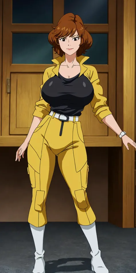 masterpiece, high quality, best quality, 1girl, solo, (muscular female:1.0), (super gigantic breasts:1.0), (closed mouth, half smile), april o'neil, ((long straight brown hair)), black eyes, yellow jumpsuit, black compression shirt, sleeves rolled up, watch, white belt, white boots, anime screencap, anime key visual, (fully clothed:1.0), full body <lora:apriloneil-15:1.0>