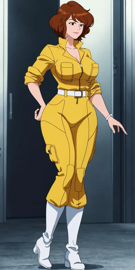 masterpiece, high quality, best quality, 1girl, solo, (muscular female:1.0), (super gigantic breasts:1.0), (closed mouth, half smile), april o'neil, ((long straight brown hair)), black eyes, yellow jumpsuit, black compression shirt, sleeves rolled up, watch, white belt, white boots, anime screencap, anime key visual, (fully clothed:1.0), full body <lora:apriloneil-15:1.0>
