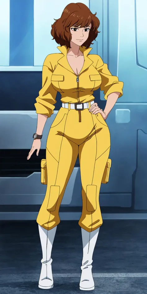masterpiece, high quality, best quality, 1girl, solo, (muscular female:1.0), (super gigantic breasts:1.0), (closed mouth, half smile), april o'neil, ((long straight brown hair)), black eyes, yellow jumpsuit, black compression shirt, sleeves rolled up, watch, white belt, white boots, anime screencap, anime key visual, (fully clothed:1.0), full body <lora:apriloneil-15:1.0>