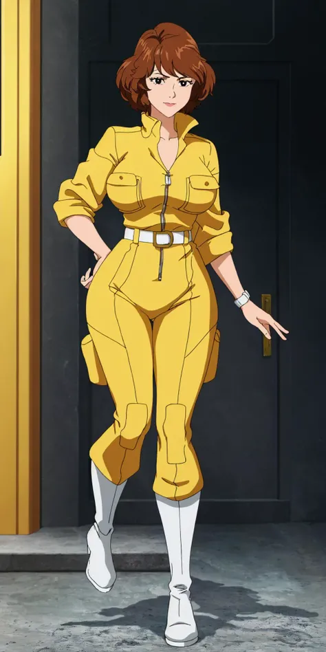 masterpiece, high quality, best quality, 1girl, solo, (muscular female:1.0), (super gigantic breasts:1.0), (closed mouth, half smile), april o'neil, ((long straight brown hair)), black eyes, yellow jumpsuit, black compression shirt, sleeves rolled up, watch, white belt, white boots, anime screencap, anime key visual, (fully clothed:1.0), full body <lora:apriloneil-15:1.0>