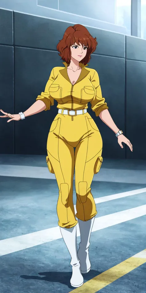 masterpiece, high quality, best quality, 1girl, solo, (muscular female:1.0), (super gigantic breasts:1.0), (closed mouth, half smile), april o'neil, ((long straight brown hair)), black eyes, yellow jumpsuit, black compression shirt, sleeves rolled up, watch, white belt, white boots, anime screencap, anime key visual, (fully clothed:1.0), full body <lora:apriloneil-15:1.0>