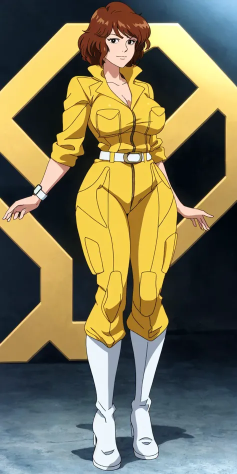 masterpiece, high quality, best quality, 1girl, solo, (muscular female:1.0), (super gigantic breasts:1.0), (closed mouth, half smile), april o'neil, ((long straight brown hair)), black eyes, yellow jumpsuit, black compression shirt, sleeves rolled up, watch, white belt, white boots, anime screencap, anime key visual, (fully clothed:1.0), full body <lora:apriloneil-15:1.0>