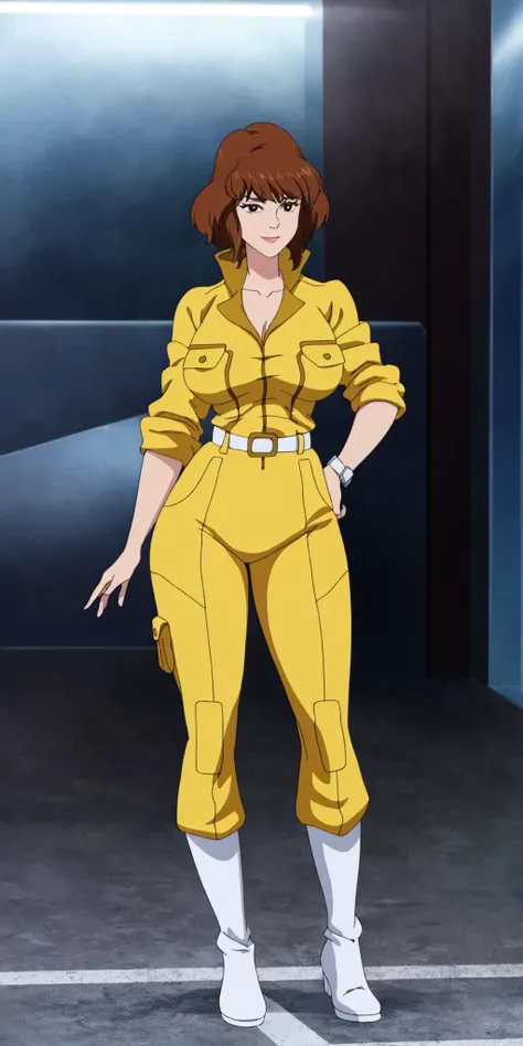 masterpiece, high quality, best quality, 1girl, solo, (muscular female:1.0), (super gigantic breasts:1.0), (closed mouth, half smile), april o'neil, ((long straight brown hair)), black eyes, yellow jumpsuit, black compression shirt, sleeves rolled up, watch, white belt, white boots, anime screencap, anime key visual, (fully clothed:1.0), full body <lora:apriloneil-15:1.0>