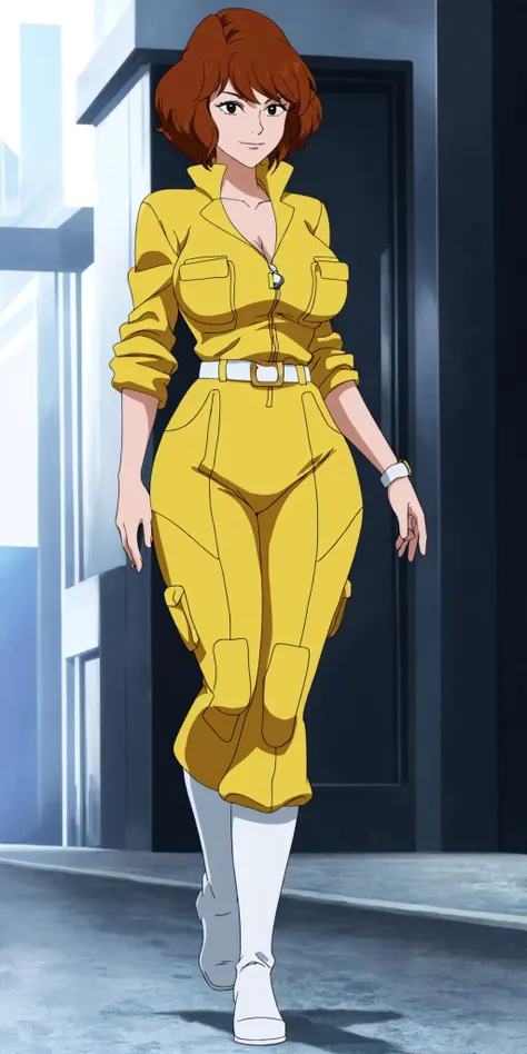 masterpiece, high quality, best quality, 1girl, solo, (muscular female:1.0), (super gigantic breasts:1.0), (closed mouth, half smile), april o'neil, ((long straight brown hair)), black eyes, yellow jumpsuit, black compression shirt, sleeves rolled up, watch, white belt, white boots, anime screencap, anime key visual, (fully clothed:1.0), full body <lora:apriloneil-15:1.0>