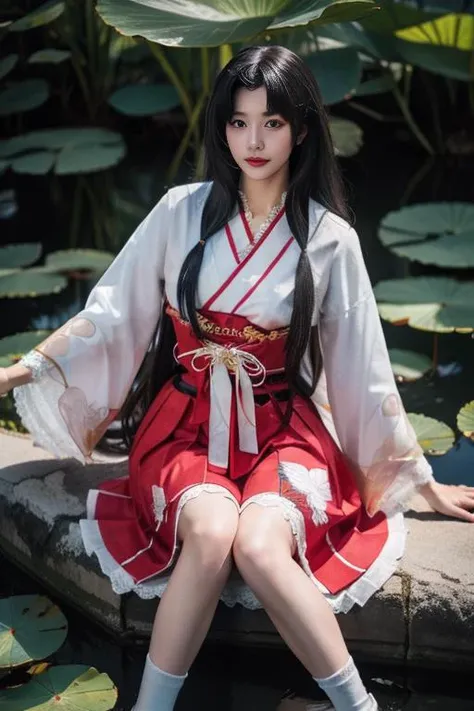 ultra-detailed,highly detailed,best quality,masterpiece,illustration,realistic,
hutao, 1girl, solo, looking at viewer,
tdnm,traditional clothes,japanese clothes, long sleeves, wide sleeves, dress, skirt,socks, sandals, ibbon,animal print, see-through,
lotus, flower, water, photo background,
long hair, bangs,
full body, sitting, lily pad,
<lora:hutao_tdnm_v2_03:0.7>