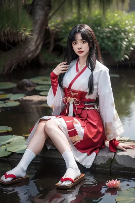 ultra-detailed,highly detailed,best quality,masterpiece,illustration,realistic,
hutao, 1girl, solo, looking at viewer,
tdnm,traditional clothes,japanese clothes, long sleeves, wide sleeves, dress, skirt,socks, sandals, ibbon,animal print, see-through,
lotus, flower, water, photo background,
long hair, bangs,
full body, sitting, lily pad,
<lora:hutao_tdnm_v2_03:0.7>
