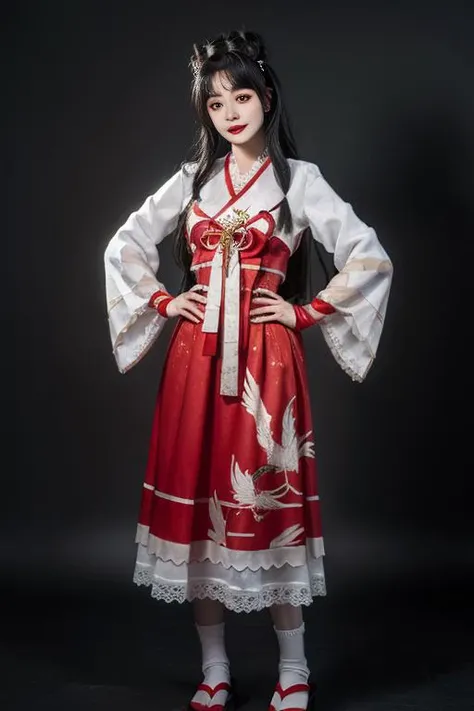 ultra-detailed,highly detailed,best quality,masterpiece,illustration,realistic,
hutao, 1girl, black hair, solo, lotus, flower, long hair, korean clothes, full body, socks, water, hands on hips, standing, lily pad, long sleeves, dress, white socks, ribbon, hanbok, realistic, skirt, traditional clothes, looking at viewer, smile, brown eyes, sandals, wide sleeves, chinese clothes, black eyes, red ribbon, red skirt, animal print, parted lips, lips, signature, grey background, see-through, bangs, tdnm
 <lora:hutao_tdnm_v2_03:0.8>