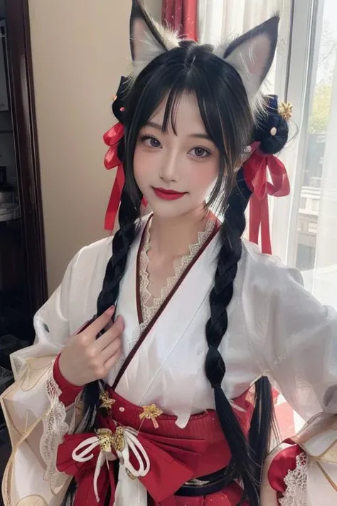 ultra-detailed,highly detailed,best quality,masterpiece,illustration,realistic,
hutao, 1girl, solo, animal ears, cat ears, realistic, black hair, braid, japanese clothes, lips, ribbon, looking at viewer, brown eyes, bow, long hair, upper body, black eyes, twintails, hair ornament, hair bun, bell, parted lips, smile, double bun, hanbok, korean clothes, twin braids, animal ear fluff, brown hair, lace, hair ribbon, long sleeves, kimono, teeth, bangs, tassel, lace trim, tdnm
<lora:hutao_tdnm_v2_03:0.8>