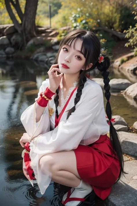 ultra-detailed,highly detailed,best quality,masterpiece,illustration,realistic,
hutao, 1girl, solo, braid, photo background, jewelry, photo inset, squatting, bracelet, black hair, looking at viewer, twin braids, reference inset, outdoors, hair ornament, full body, hand on own face, long hair, chinese clothes, dress, long sleeves, brown hair, realistic, hand on own cheek, brown eyes, bangs, cosplay, skirt, head rest, water, rock, traditional media, twintails, tree, sitting, day, nature, hair rings, river, black eyes, see-through, red dress, head tilt, closed mouth, hair bun, wide sleeves, lips, frills, beads, tdnm
<lora:hutao_tdnm_v2_03:0.6>