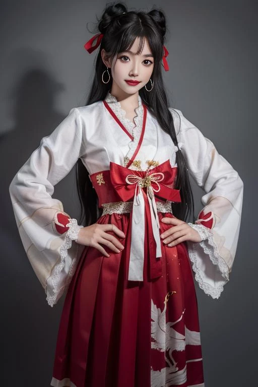 ultra-detailed,highly detailed,best quality,masterpiece,illustration,realistic,
hutao, 1girl, black hair, long hair, solo, korean clothes, hands on hips, hanbok, realistic, ribbon, jewelry, smile, long sleeves, looking at viewer, standing, skirt, grey background, black eyes, dress, simple background, flower, brown eyes, earrings, cosplay, traditional clothes, red ribbon, chinese clothes, red skirt, bow, closed mouth, lips, animal print, wide sleeves, bangs, signature, feet out of frame, tdnm,
<lora:hutao_tdnm_v2_03:0.6>