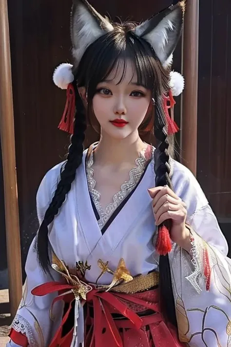 best quality, masterpiece,real,realistic, photo,photorealistic,looking at viewer,upper body,
1girl,hutao,indoors, fox girl, fox ears, fox tail, very long hair, bangs,japanese clothes, ribbon, hair ornament, wide sleeves, lace trim, golden ornament,miko,smock,
<lora:hutao_tdnm_v1_08:0.7>