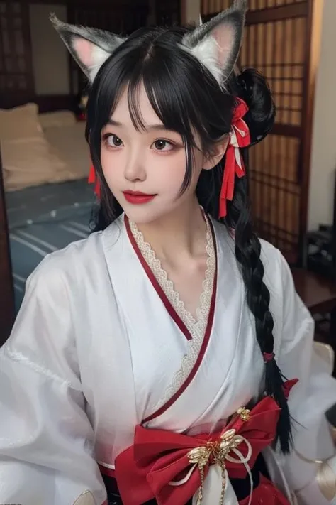ultra-detailed,highly detailed,best quality,masterpiece,illustration,realistic,
hutao, 1girl, solo, animal ears, cat ears, realistic, black hair, braid, japanese clothes, lips, ribbon, looking at viewer, brown eyes, bow, long hair, upper body, black eyes, twintails, hair ornament, hair bun, bell, parted lips, smile, double bun, hanbok, korean clothes, twin braids, animal ear fluff, brown hair, lace, hair ribbon, long sleeves, kimono, teeth, bangs, tassel, lace trim, tdnm
<lora:hutao_tdnm_v2_03:0.8>