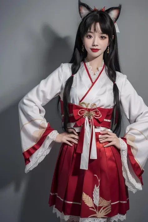 ultra-detailed,highly detailed,best quality,masterpiece,illustration,realistic,
hutao, 1girl, black hair, long hair, solo, korean clothes, hands on hips, hanbok, realistic, ribbon, jewelry, smile, long sleeves, looking at viewer, standing, skirt, grey background, black eyes, dress, simple background, flower, brown eyes, earrings, cosplay, traditional clothes, red ribbon, chinese clothes, red skirt, bow, closed mouth, lips, animal print, wide sleeves, bangs, signature, feet out of frame, tdnm,
<lora:hutao_tdnm_v2_03:0.6>
