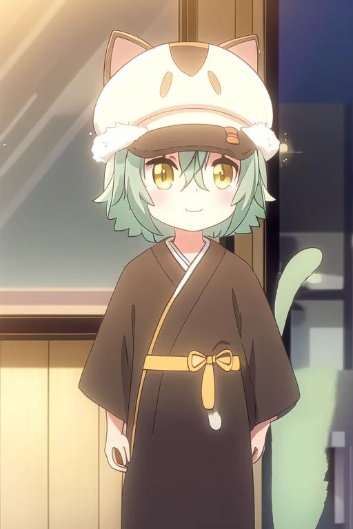 Cacao, smiling, indoors, wearing black kimono, gold belt, sunlight, windows, cute, cat hat, masterpiece, small, sparkling eyes, yellow eyes, green hair, (((cat tail:1.2))) <lora:Cacao_v4model:0.9>