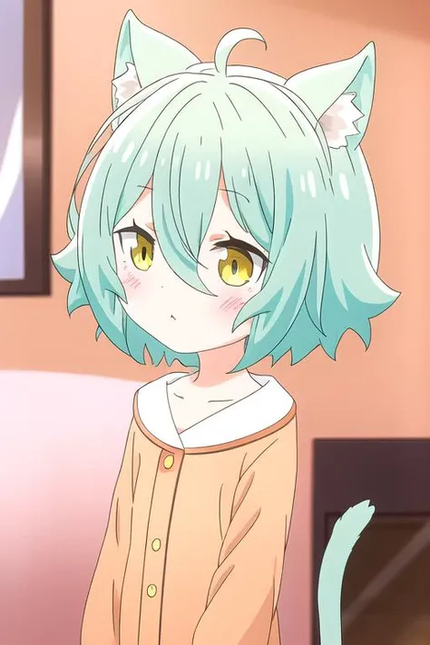 Cacao wearing pajamas inside a bedroom, cute, cat girl, cat tail, cat ears, no hat, green hair, yellow eyes, blush, :3,  <lora:Cacao_v4model:1>