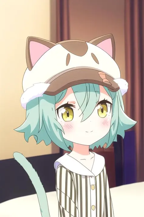 Cacao wearing striped pajamas inside a bedroom, cute, cat girl, (((cat tail))), cat ears, cat hat, green hair, yellow eyes, blush, smile, hand up, <lora:Cacao_v4model:1>