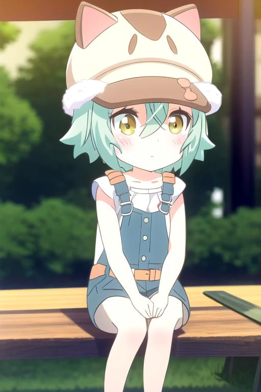 (Cacao), sitting on a bench inside a park, green hair, cat hat, adorable, blush, sundown, overalls, light smile, side-view, looking away, (sunrays), up close, looking up, <lora:Cacao_v4model:1>