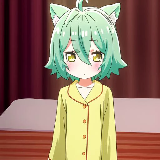 Cacao wearing pajamas inside a bedroom, cute, cat girl, cat tail, cat ears, no hat, green hair, yellow eyes, blush, :t,  <lora:Cacao_v4model:1>