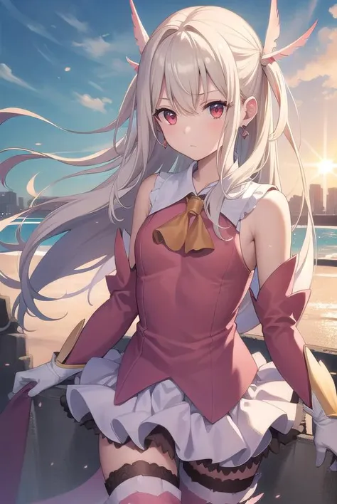 illyasvielvoneinzbern, <lyco:illyasvielvoneinzbern-lyco-nochekaiser:1>,
illyasviel von einzbern, blonde hair, hair between eyes, long hair, (red eyes:1.5),
BREAK boots, detached sleeves, earrings, feather hair ornament, feathers, gloves, hair ornament, jewelry, layered skirt, long sleeves, magical girl, miniskirt, pink footwear, pink shirt, pink sleeves, pleated skirt, shirt, skirt, sleeveless, sleeveless shirt, staff, thigh boots, thighhighs, wand, white feathers, white gloves, white skirt, zettai ryouiki,
BREAK outdoors, city, sky, cloud, sun,
BREAK looking at viewer, (cowboy shot:1.5),
BREAK <lyco:GoodHands-beta2:1>, (masterpiece:1.2), best quality, high resolution, unity 8k wallpaper, (illustration:0.8), (beautiful detailed eyes:1.6), extremely detailed face, perfect lighting, extremely detailed CG, (perfect hands, perfect anatomy),