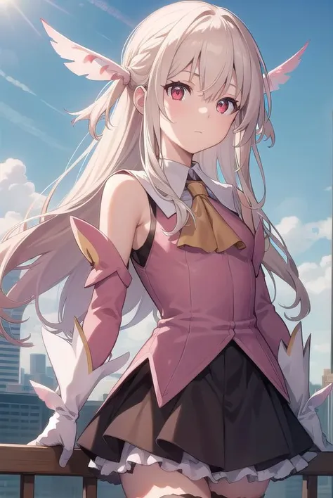 illyasvielvoneinzbern, <lyco:illyasvielvoneinzbern-lyco-nochekaiser:1>,
illyasviel von einzbern, blonde hair, hair between eyes, long hair, (red eyes:1.5),
BREAK boots, detached sleeves, earrings, feather hair ornament, feathers, gloves, hair ornament, jewelry, layered skirt, long sleeves, magical girl, miniskirt, pink footwear, pink shirt, pink sleeves, pleated skirt, shirt, skirt, sleeveless, sleeveless shirt, staff, thigh boots, thighhighs, wand, white feathers, white gloves, white skirt, zettai ryouiki,
BREAK outdoors, city, sky, cloud, sun,
BREAK looking at viewer, (cowboy shot:1.5),
BREAK <lyco:GoodHands-beta2:1>, (masterpiece:1.2), best quality, high resolution, unity 8k wallpaper, (illustration:0.8), (beautiful detailed eyes:1.6), extremely detailed face, perfect lighting, extremely detailed CG, (perfect hands, perfect anatomy),