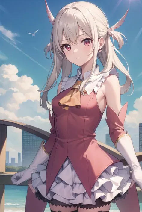 illyasvielvoneinzbern, <lyco:illyasvielvoneinzbern-lyco-nochekaiser:1>,
illyasviel von einzbern, blonde hair, hair between eyes, long hair, (red eyes:1.5),
BREAK boots, detached sleeves, earrings, feather hair ornament, feathers, gloves, hair ornament, jewelry, layered skirt, long sleeves, magical girl, miniskirt, pink footwear, pink shirt, pink sleeves, pleated skirt, shirt, skirt, sleeveless, sleeveless shirt, staff, thigh boots, thighhighs, wand, white feathers, white gloves, white skirt, zettai ryouiki,
BREAK outdoors, city, sky, cloud, sun,
BREAK looking at viewer, (cowboy shot:1.5),
BREAK <lyco:GoodHands-beta2:1>, (masterpiece:1.2), best quality, high resolution, unity 8k wallpaper, (illustration:0.8), (beautiful detailed eyes:1.6), extremely detailed face, perfect lighting, extremely detailed CG, (perfect hands, perfect anatomy),