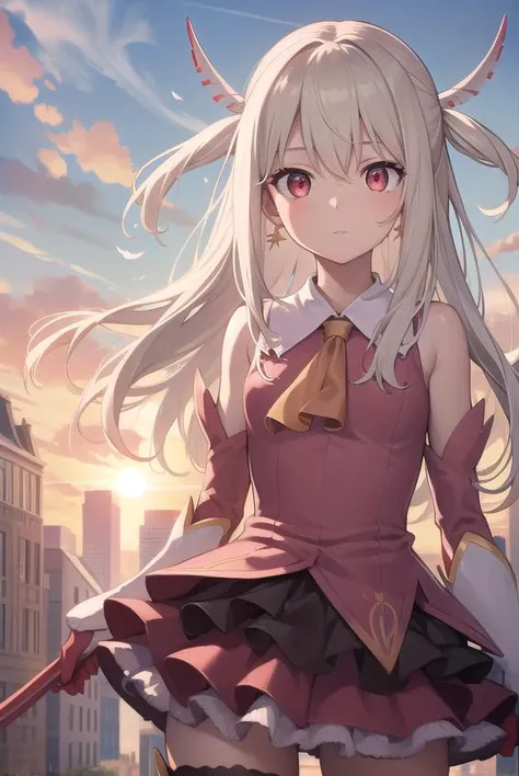 illyasvielvoneinzbern, <lyco:illyasvielvoneinzbern-lyco-nochekaiser:1>,
illyasviel von einzbern, blonde hair, hair between eyes, long hair, (red eyes:1.5),
BREAK boots, detached sleeves, earrings, feather hair ornament, feathers, gloves, hair ornament, jewelry, layered skirt, long sleeves, magical girl, miniskirt, pink footwear, pink shirt, pink sleeves, pleated skirt, shirt, skirt, sleeveless, sleeveless shirt, staff, thigh boots, thighhighs, wand, white feathers, white gloves, white skirt, zettai ryouiki,
BREAK outdoors, city, sky, cloud, sun,
BREAK looking at viewer, (cowboy shot:1.5),
BREAK <lyco:GoodHands-beta2:1>, (masterpiece:1.2), best quality, high resolution, unity 8k wallpaper, (illustration:0.8), (beautiful detailed eyes:1.6), extremely detailed face, perfect lighting, extremely detailed CG, (perfect hands, perfect anatomy),