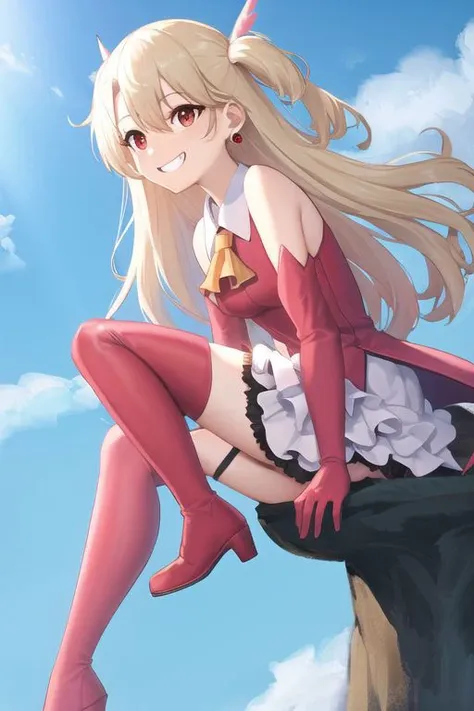ng_deepnegative_v1_75t,
easynegative,
negative_hand,
masterpiece,8k,uncensored,(highres:1.3),high resolution, unity 8k wallpaper, detailed face, detailed CG, (perfect hands, perfect anatomy),
white background,simple background,,
illyasviel von einzbern, blonde hair, hair between eyes, long hair, (red eyes:1.5),
boots, detached sleeves, earrings, feather hair ornament, feathers, gloves, hair ornament, jewelry, layered skirt, long sleeves, magical girl, miniskirt, pink footwear, pink shirt, pink sleeves, pleated skirt, shirt, skirt, sleeveless, sleeveless shirt, staff, thigh boots, thighhighs, wand, white feathers, white gloves, white skirt, zettai ryouiki,
right hand forward,left hand up,spread legs,grin,from side,
sitting,look away,in sky,float,falling,